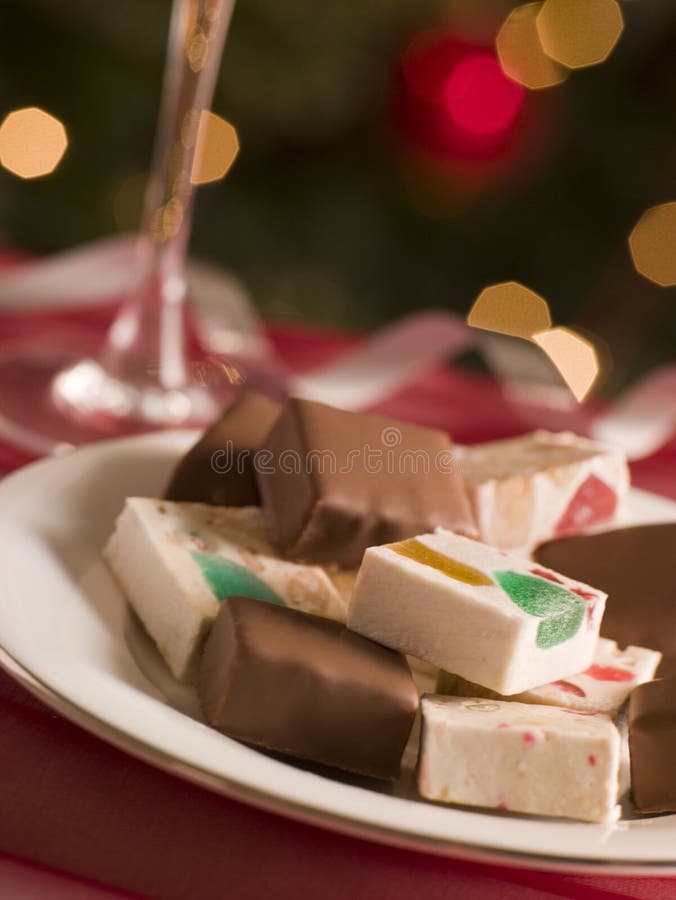 Plate of Chocolate Dipped and Plain Nougat royalty free stock photo Plate of Chocolate Dipped and Plain Nougat royalty free stock photo