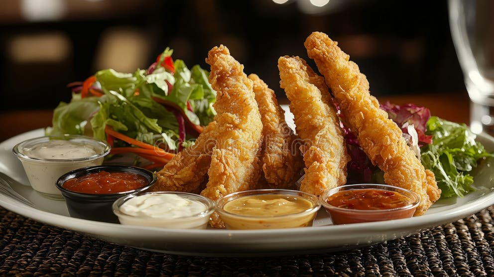 Crispy Chicken Tenders Served Dipping Sauces Stock Photos - Free