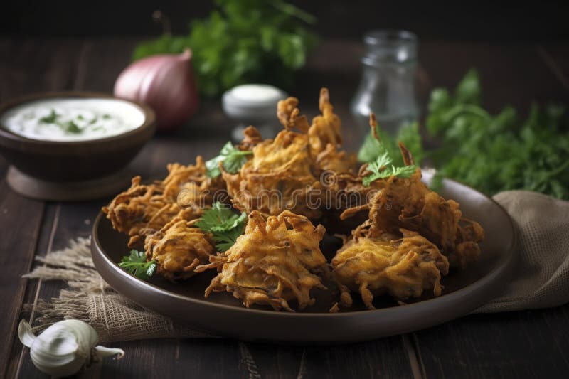 A Plate of Crispy Onion Bhajis. (Generative AI) Stock Illustration