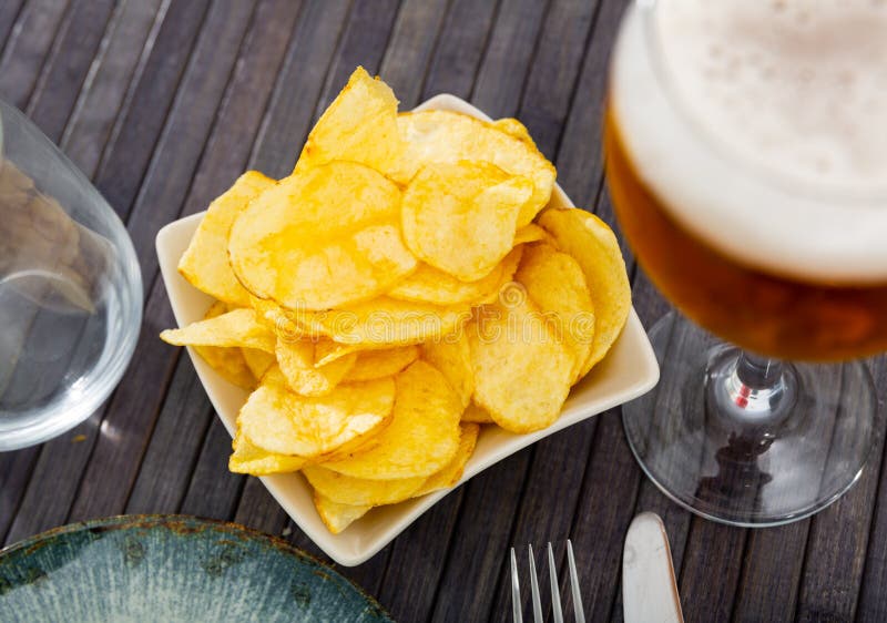 Potato Chips Served with Glass of Beer Stock Image Image of alcohol