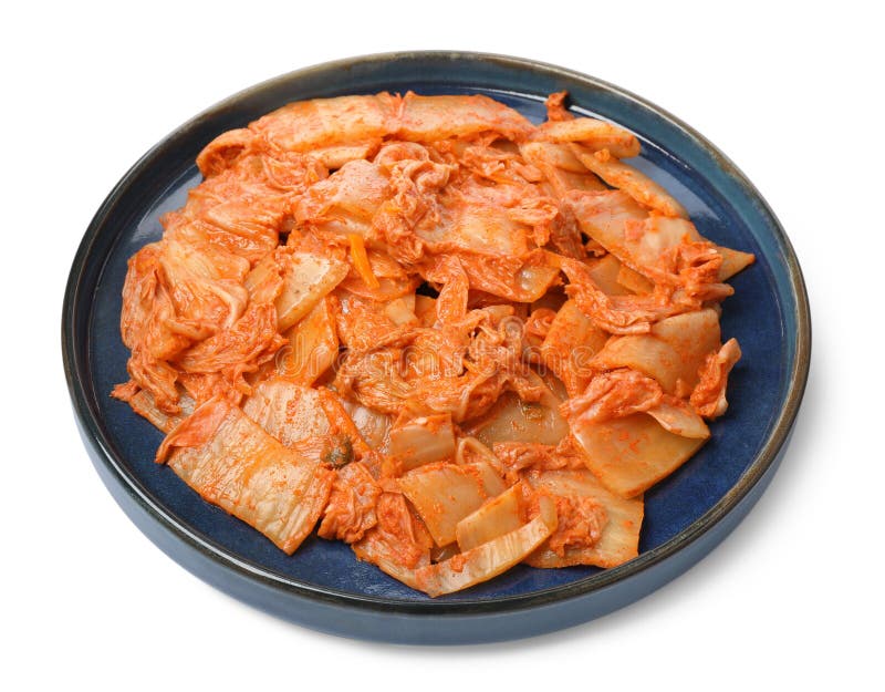 Plate of Delicious Kimchi with Chinese Cabbage Isolated on White Stock