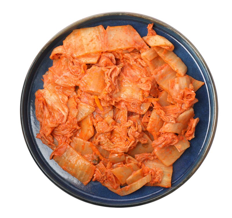 Plate of Delicious Kimchi with Chinese Cabbage Isolated on White, Top