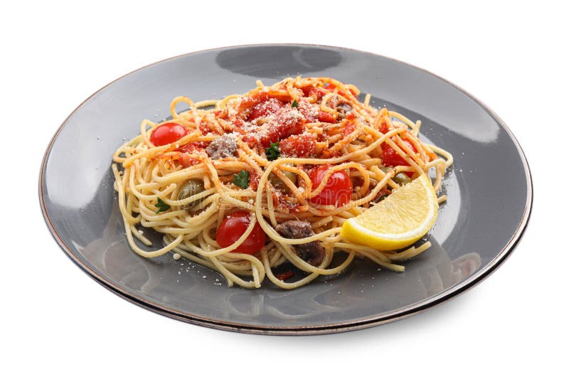 Plate Of Delicious Pasta With Anchovies, Tomatoes And Parmesan Cheese ...