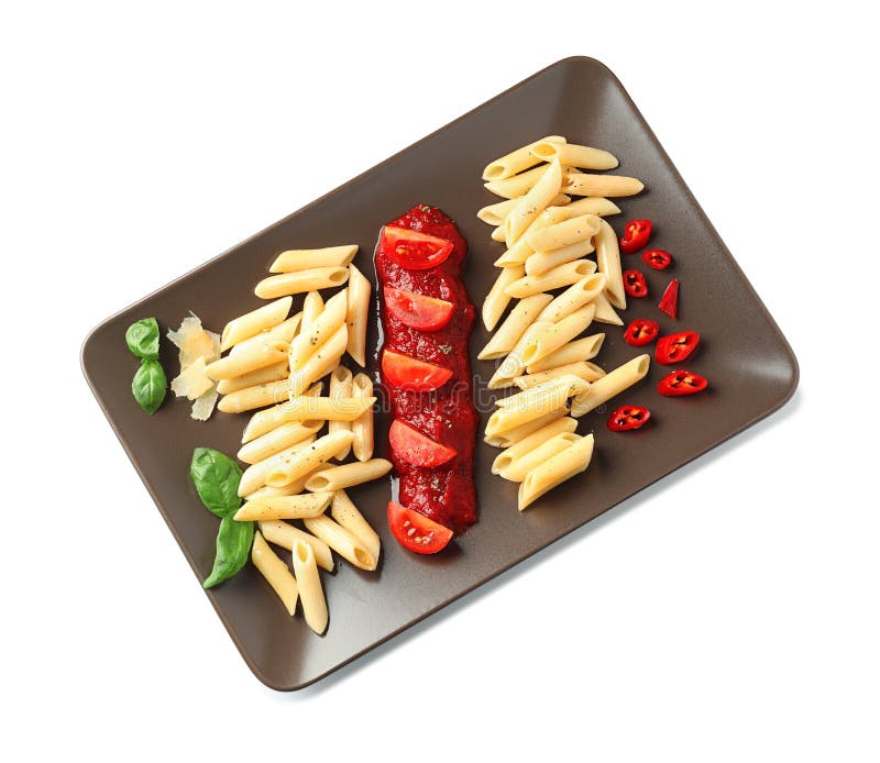 Plate with Delicious Penne Pasta and Garnish on White Background Stock