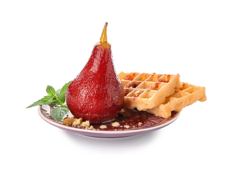 Plate with Delicious Poached Pear in Red Wine and Waffles on White