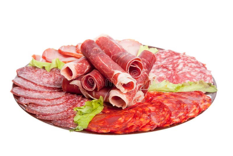Plate with different meat delicacies isolated on white background. Shallow depth of field