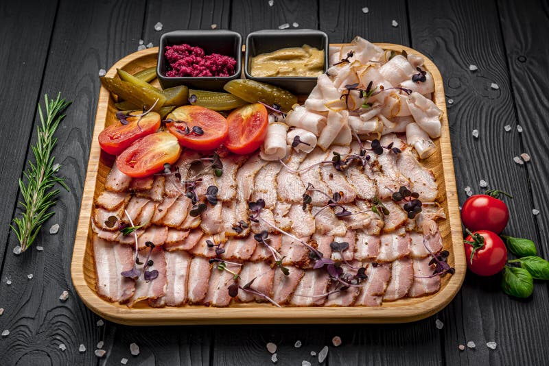Plate with Different Types of Smoked Pork and Lard Stock Image Image