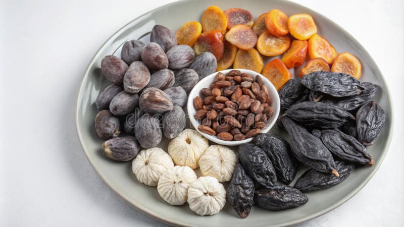 A plate of dried figs, dates, and almonds arranged in a circular pattern vector illustration