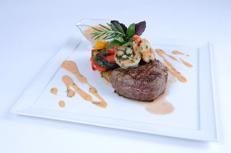 Plate of Fine Dining Meal Steak and Shrimps [2] Stock Image Image