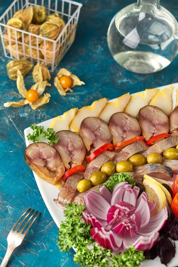 Plate with Fish Platter on Blue Background Stock Photo Image of