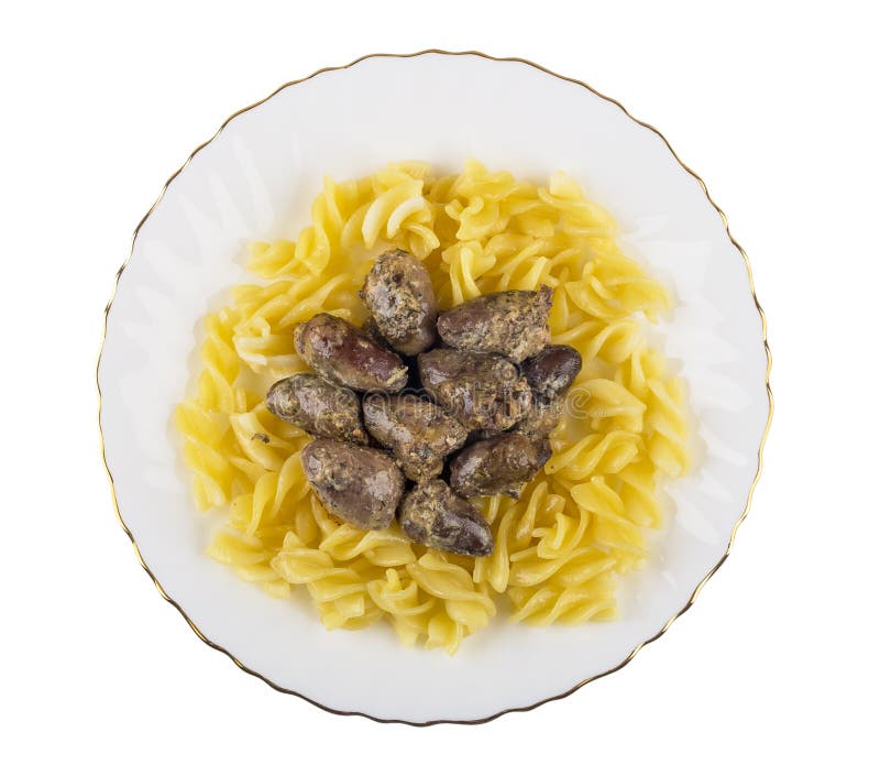 Plate with Fried Chicken Hearts and Pasta Isolated on White Stock Photo