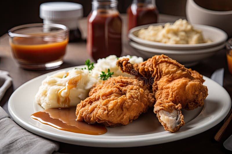 Plate of Fried Chicken, Mashed Potatoes, and Gravy Stock Illustration