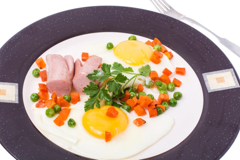 Plate with Fried Eggs and Steamed Vegetables for Breakfast Stock Photo Image of mince, basil