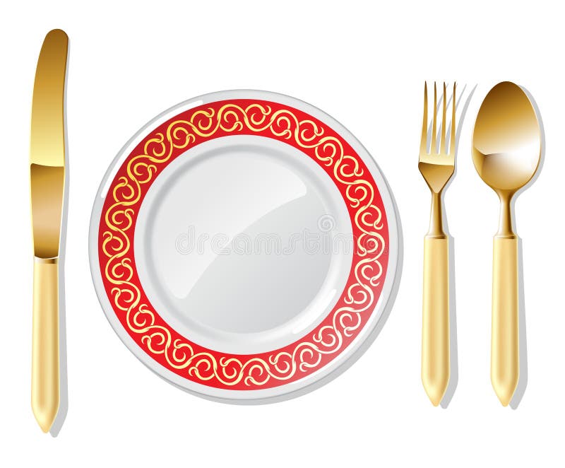 Plate, golden spoon, fork and knife