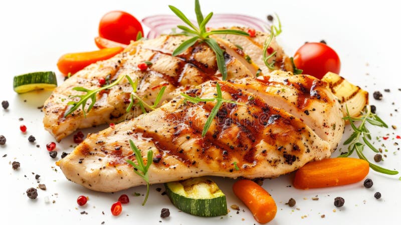 Plate of grilled chicken and assorted veggies on white surface stock images
