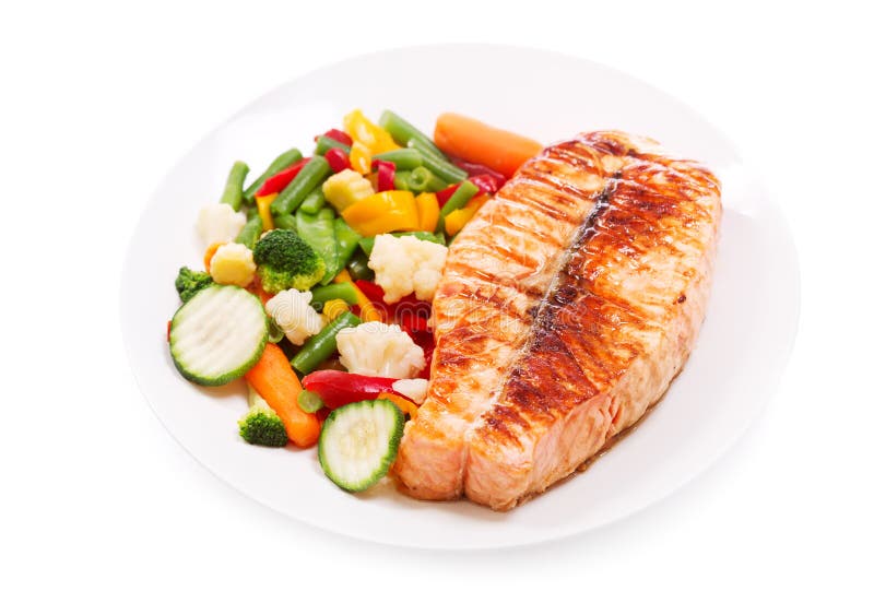 Plate of grilled salmon steak isolated on white background royalty free stock photos Plate of grilled salmon steak isolated on white background royalty free stock photos