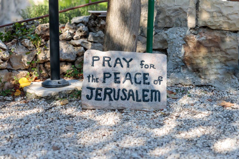 Plate with the inscription - Pray for the peace of Jerusalem - in The Garden Tomb Jerusalem located in East Jerusalem, Israel