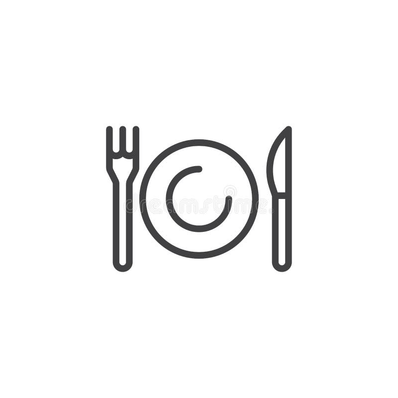 Plate, knife and fork line icon. Outline vector sign, linear style pictogram isolated on white. Tableware cutlery symbol, logo illustration. Editable stroke vector illustration Plate, knife and fork line icon. Outline vector sign, linear style pictogram isolated on white. Tableware cutlery symbol, logo illustration. Editable stroke vector illustration