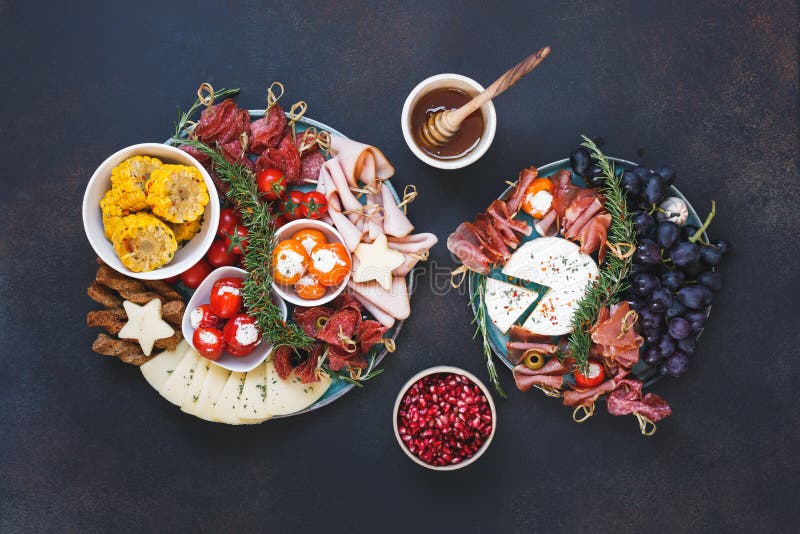 Plate of Mixed Tapas on Rustic Dark Surface Stock Photo Image of