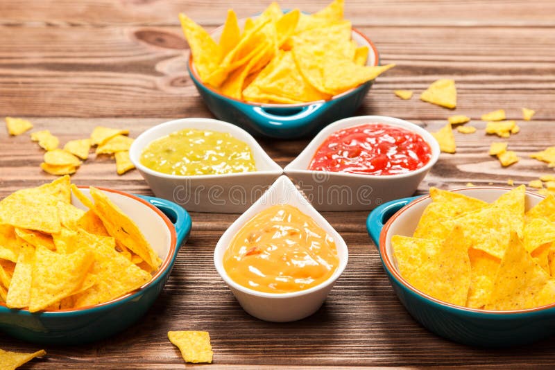 Plate of Nachos with Different Dips Stock Image Image of pepper