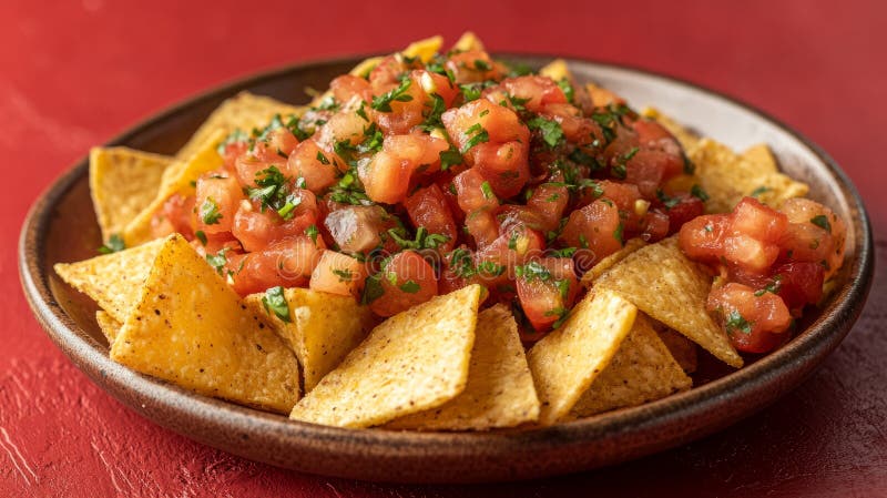 Plate of nachos with salsa on a red background. stock photo