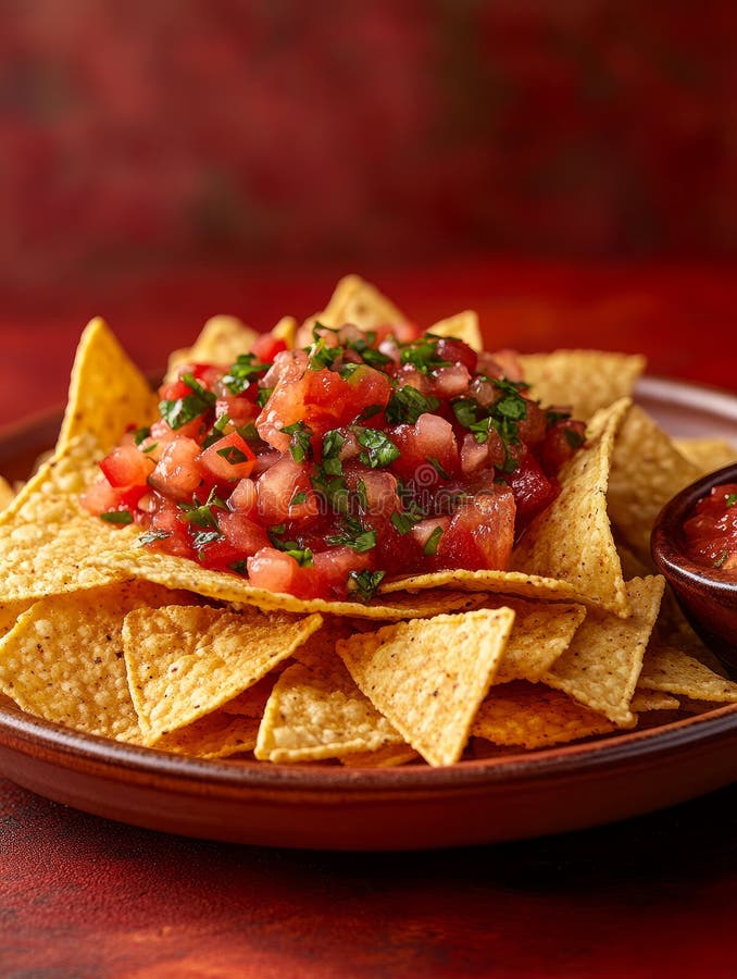 A plate of nachos with salsa on a red background. stock photo