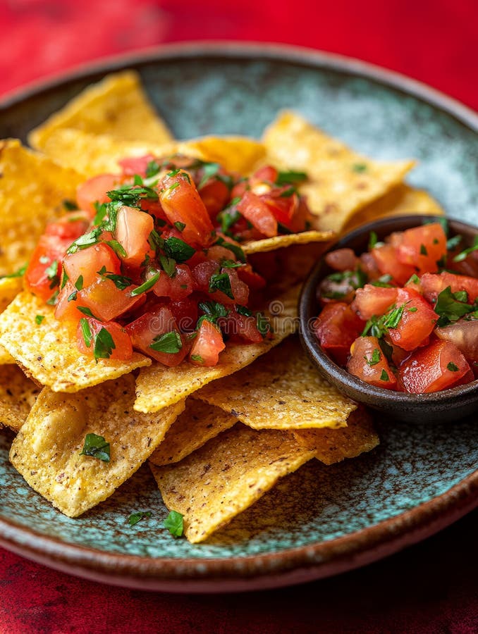 Plate of nachos with salsa on a vibrant red background. stock photos