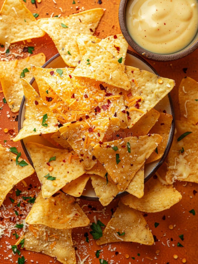A plate of nachos topped with cheese and seasoning. stock image
