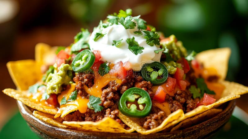 A plate of nachos with toppings and garnish. stock photography