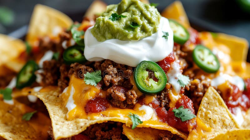 Plate of nachos with toppings and guacamole. royalty free stock photography