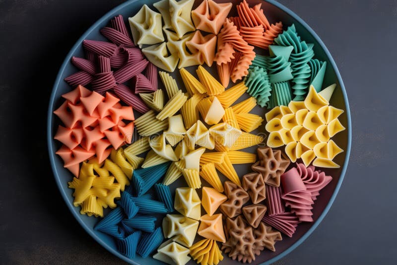 Plate of Neatly Arranged Dry Pasta Shapes in Different Colors Stock