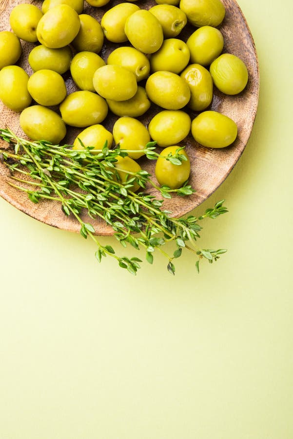 Plate of Olives and Aromatic Thyme Herbs Stock Photo Image of green