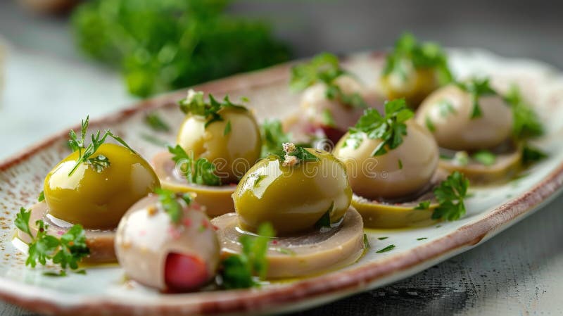 Plate of olives and assorted veggies with spoon royalty free stock photos