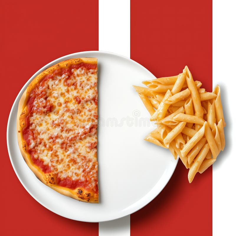 A Plate of Pasta and Pizza on Red and White Background Stock