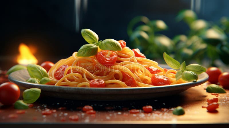 A delicious plate of spaghetti topped with rich tomato sauce and fresh green basil leaves