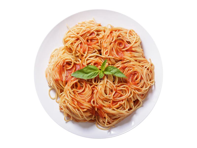 Plate of Pasta with Tomato Sauce on White Background, Top View Stock