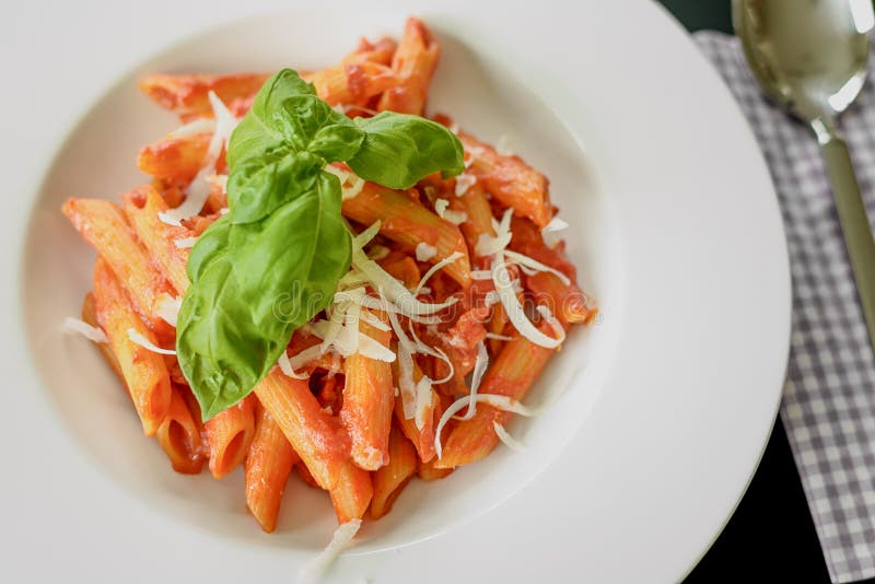 Plate Of Penne Pasta With Arrabiata Sauce Stock Photo - Image of herb ...