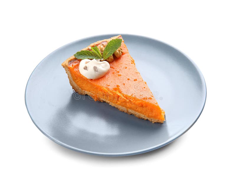 Plate with piece of tasty pumpkin pie on white background royalty free stock photo Plate with piece of tasty pumpkin pie on white background royalty free stock photo