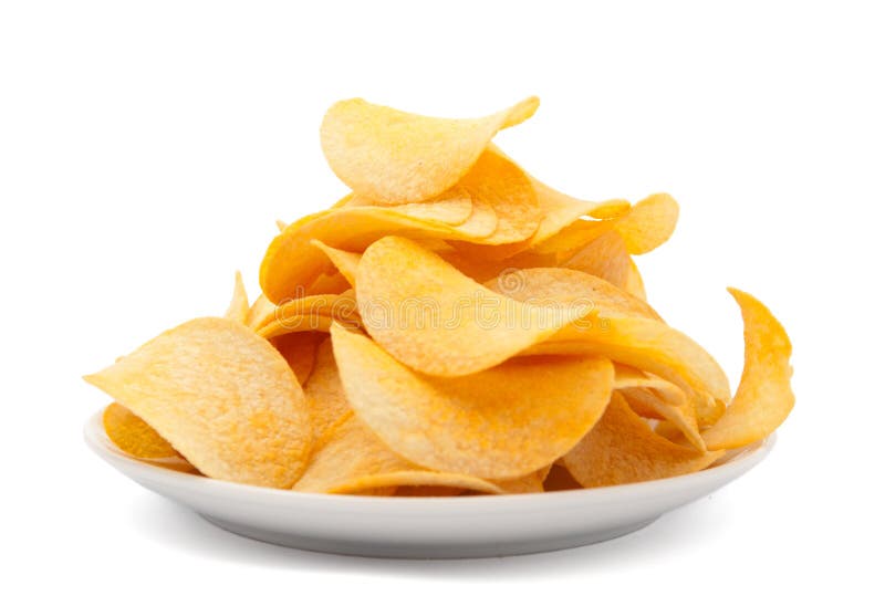 Plate of potato chips isolated