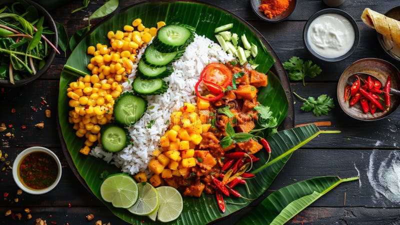 Plate of rice, assorted vegetables, and ingredients on table stock images