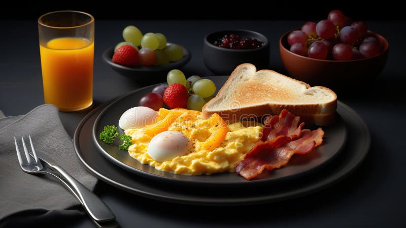 A Plate of Scrambled Eggs with Bacon, Toast, and a Side of Fruit