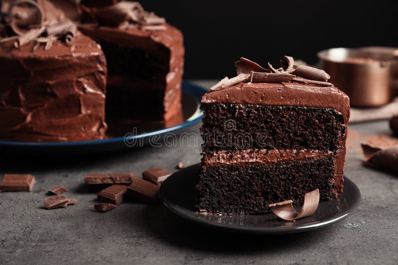 Plate with slice of tasty homemade chocolate cake