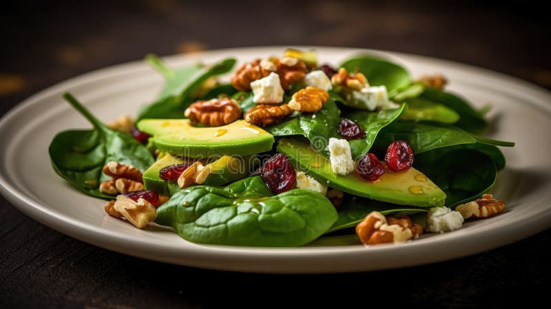 Plate of Spinach Salad with Cranberries and Walnuts Stock Image - Image