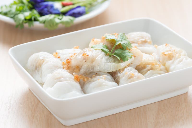 Plate of Steamed Rice Skin Dumplings, Thai Dessert. Stock Photo Image