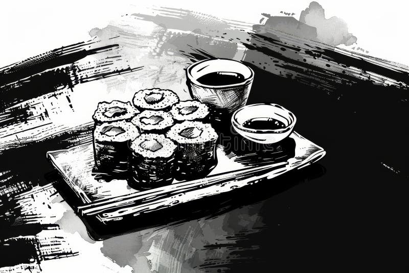A plate of sushi with various rolls and a cup of coffee on a table, A minimalist black and white sketch of a sushi platter vector illustration