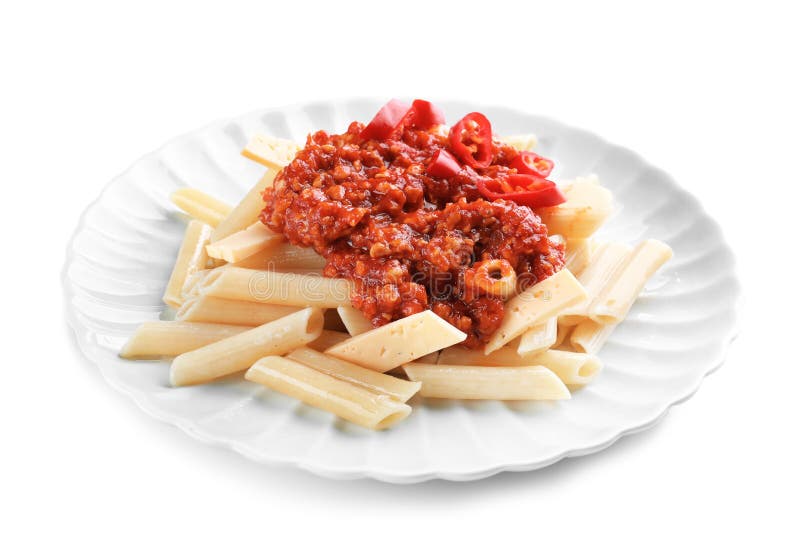 Plate with tasty penne pasta and bolognese sauce on white background stock photos Plate with tasty penne pasta and bolognese sauce on white background stock photos