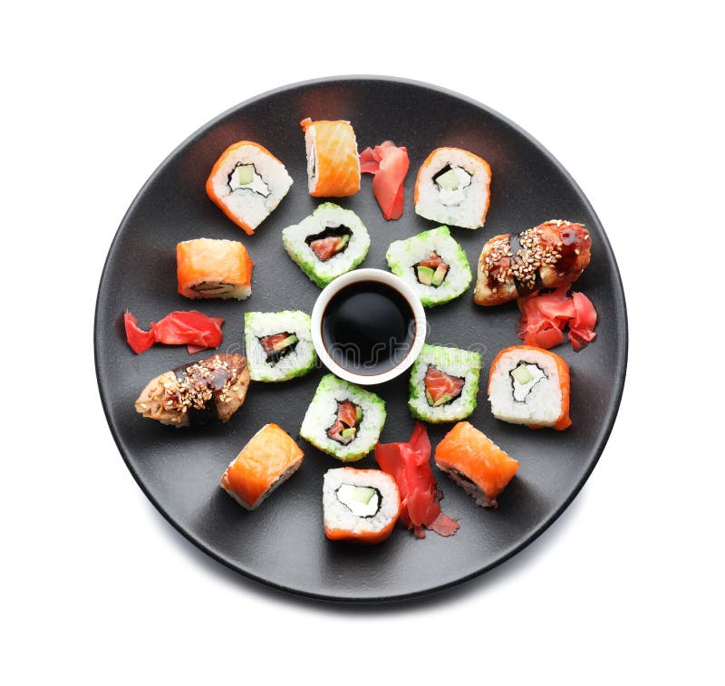 Plate with tasty sushi on white background royalty free stock photos Plate with tasty sushi on white background royalty free stock photos