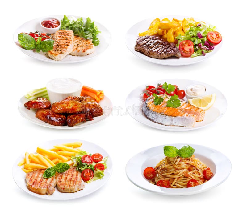 Plates of various meat, fish and chicken royalty free stock images