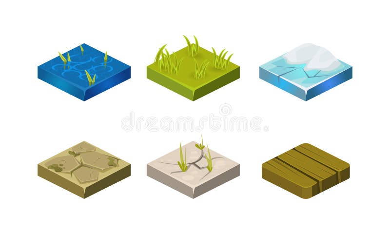 Platforms of different ground textures set, water, stone, ice, grass, wood, user interface assets for mobile app or royalty free illustration Platforms of different ground textures set, water, stone, ice, grass, wood, user interface assets for mobile app or royalty free illustration