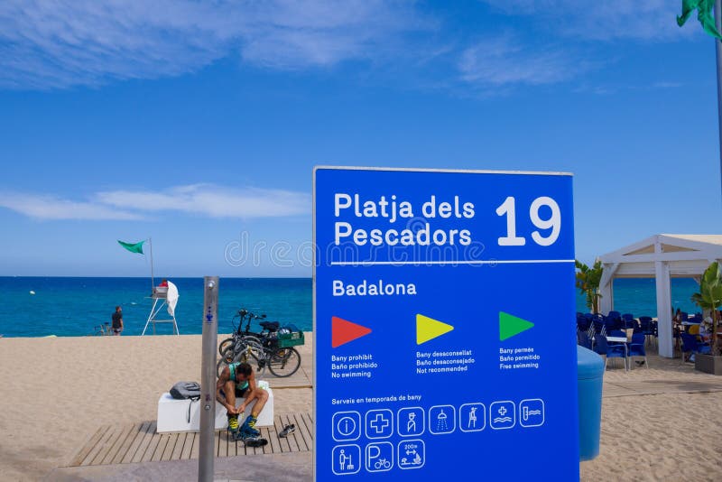 Platja Dels Pescadors 19 Sign in Badalona, Barcelona in Summer